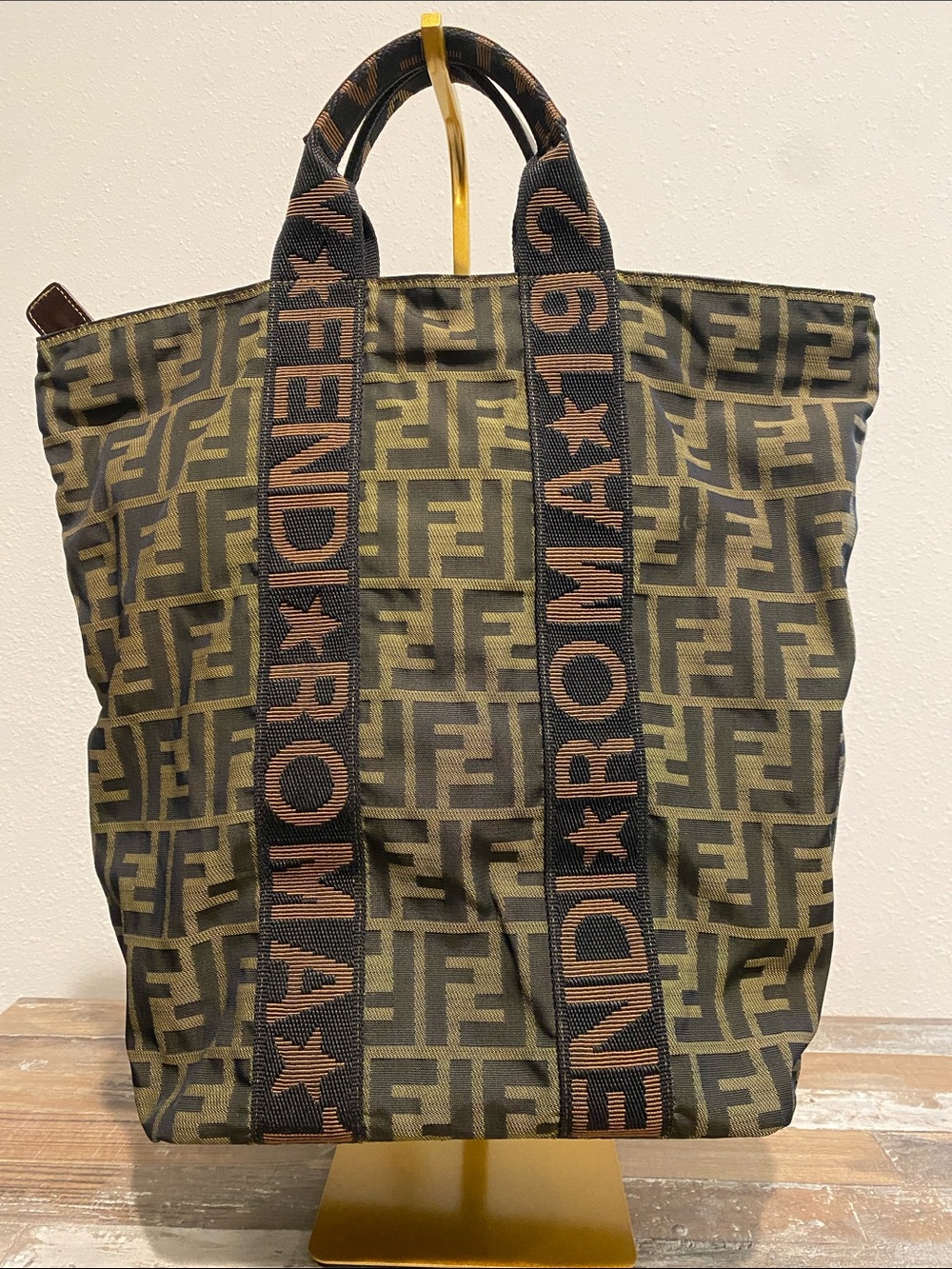 Fendi Olive Brown FF Monogram Tote with Logo Webbing